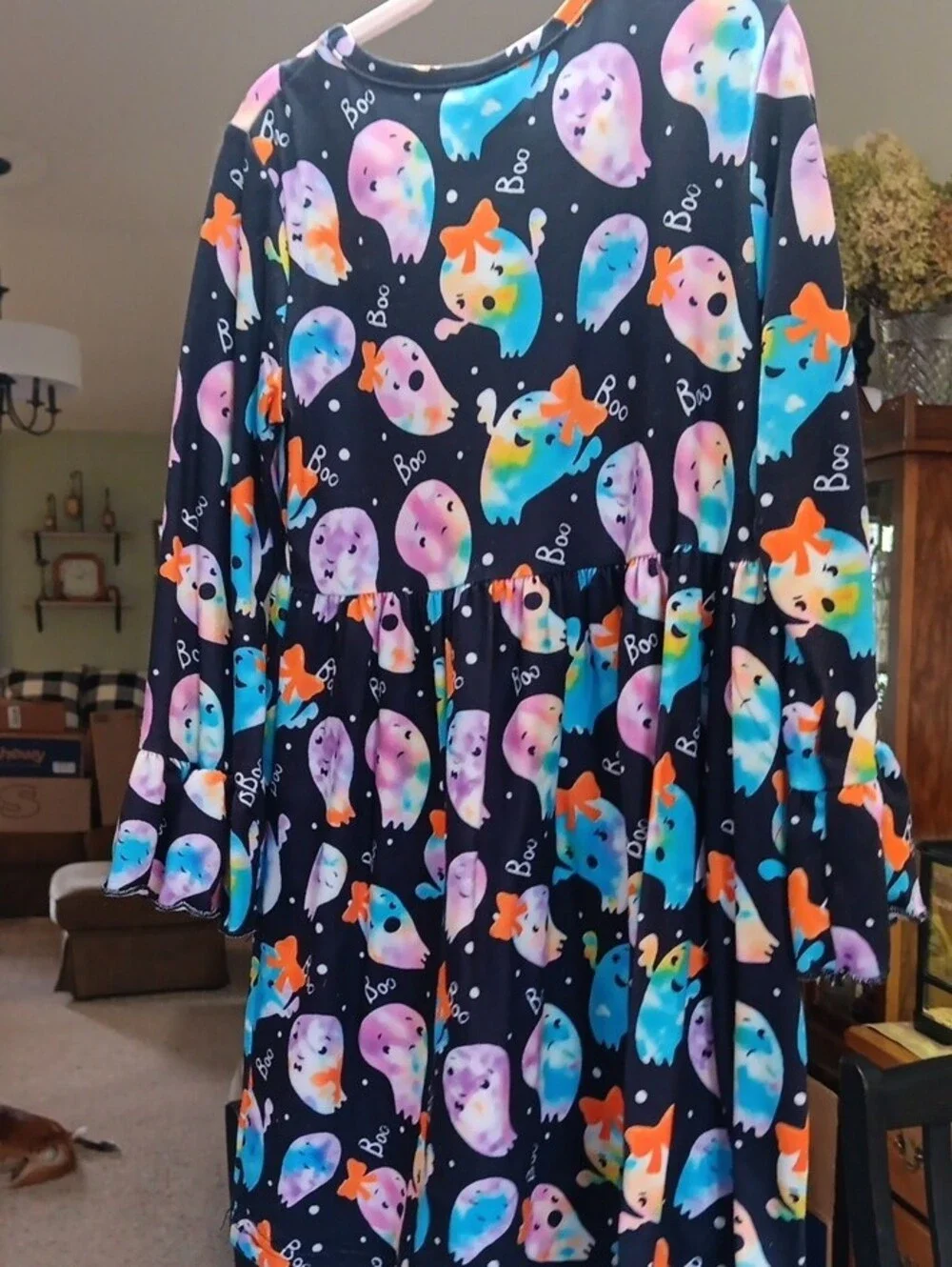 Girls' Black Ghost Print Skater Dress with Colorful Bows